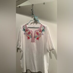 Talbots White Embroidered Split-Neck Tunic with Multicolor Detail